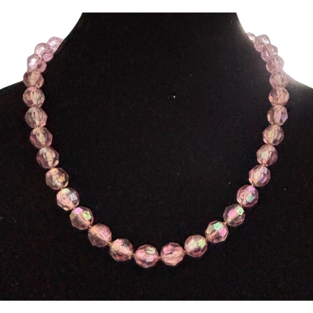 Austria Pink Faceted Lucite Beaded Necklace 1950s Vintage 21” Jewelry